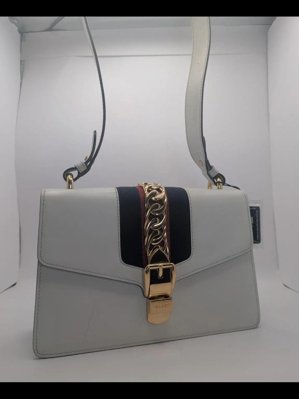 Gucci White Calfskin Leather Sylvie Shoulder Bag with Navy and Red Center Stripe